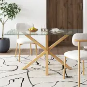 Finn Dining Table with Oak-Look Steel Legs and Glass Tabletop