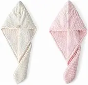 2 Pack Microfiber Hair Towel Wrap for Women Super Absorbent & Quick Drying Towels with Button, Hair Turbans for Curly Long & Short Hair - Anti-Frizz (Pink，Beige, 25 * 65CM)