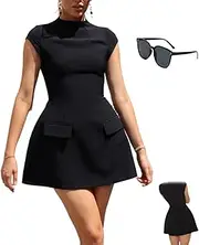 [QQLADY] Odd Formal Elegant Round Neck with Pocket Dress,Solid Fit a Line Formal Elegant Round Neck with Pocket,Cap Sleeve Mini Dress Cap Sleeve Mini Dress Elegant A Line Ultimate. (1pcs-A,XL)