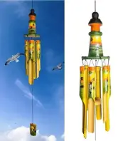 Lighthouse Tropical Bamboo Windchime – Colorful Palm Tree Sunset with Dolphin...