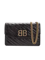 Balenciaga BB Black Leather Wallet On Golden Chain Bag