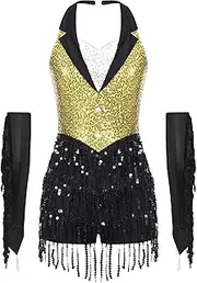 [TiaoBug] Women Sequin Rumba Jazz Latin Dance Costume Halter Backless Fringed Leotard with Gloves for Nightclub