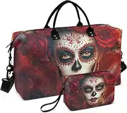 [ZRYSMY] Cool Sugar Skeleton Rose Duffel Bag for Traveling, Travel Bag Gym Bag, with Multiple Interior Pockets Shoulder Weekender Bag for Women Men with Toiletry Bag 20.5L x 1.9W x 13.8H, Multi-Colored