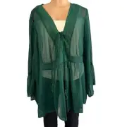 NWT Torrid Babydoll Chiffon Lurex Crochet Detail Lace-Up Blouse Botanical Green