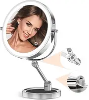 Rechargeable Wall Mounted Makeup Mirror with Lights,8 Inch Double-Sided LED Vanity Mirror 1X/10X Magnification,3 Color Lighting Dimmable Touch Screen 13 Inch Retractable (Chrome Table Mirrror)