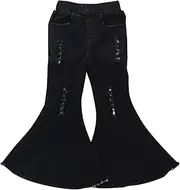 [Generic] Stitched up Tights Kids Toddler Baby Girl Denim Bell Bottom Pants Black Ripped Pants Fashion Western Style Tight Denim Stretch Children's Pants Stop in The Name of Pants