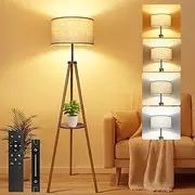 OUTON Solid Wooden Tripod Floor Lamp, Touch Control, Standing Lamp with Remote Control, Dimmable & 4 Color Temperatures, 1H Timer, Floor Lamp with Storage Shelf Linen Shade for Living Room Bedroom