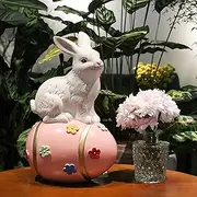 Large Rabbit Tabletop Décor with Colorful Flowers Egg, Hand-Painted Bunny Figurine Statue for Spring Eater Party Indoor & Outdoor Decoration, Suitable Decor for Home, Office, Garden