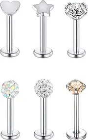 [Zeaicos] 6pcs Lip Earrings Stud Set, Silver Stainless Steel 8mm Bars Tragus Monroe Helix Cartilage Piercing Jewellery, Lip Labret Stud 16G Flat Back Piercing Jewellery, One Size, Stainless Steel, No