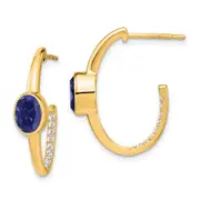 Solid 14k Yellow Gold Oval Created Simulated Sapphire and CZ J-Hoop Earrings