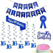 Happy 16th Birthday Decorations For Men,Blue Happy Birthday Banner,Birthday Sash,Hanging Swirls Streamers,16th Birthday Cake Topper,Birthday Badge For Men Him Birthday Party Pack Supplies (16th)