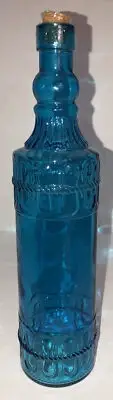 Holiday Xmas Glass Decorating Bottle 12.25” Tall Aqua W Cork & Raised Design NEW
