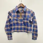 Daisy Street Blue Checkered Plaid Long Sleeve Crop Top