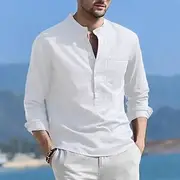 Men's Shirt Linen Shirt Cotton Linen Shirt White Cotton Shirt Chinese Collar Shirt Mandarin Collar Shirt Plain Vacation Hawaiian Black White Navy Blue Blue Lon