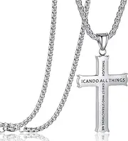 [Rehoboth] Stainless Steel Cross Pendant Necklaces for Girls Boys Men Women Philippians 4:13 Strength Bible Verse I Can Do All Things Chain 24 Inch