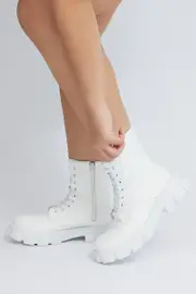 White Chunky Lace Up Ankle Boots