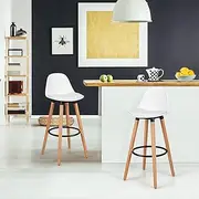 2Pcs Bar Stools, Pub High Barstool Dinning Chair w/ Round Metal Footrest, Beech Wood Legs, Cushioned Seat & Curved Backrest, PU Leather Bar Chair, Counter Height Chair for Home, Bistro, Dining Hall, Kitchen (White)