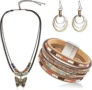 [MWOOT] Bohemian Jewelry Set for Women, Boho Vintage Layered Leather Bracelet, Wooden Beads Butterfly Long Necklace Adjustable, Triple Circle Dangle Earrings, Western Jewelry Set, No Gemstone