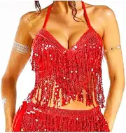 [COSYDAYS] Sequin Tassel Crop Top Silver Fringe Bra Tops Sparkly Dance Halter Tank Top for Women