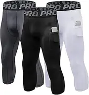 [Lanbaosi] Compression Pants for Men 3/4 Capri Leggings Dry Fit Workout Running Athletic Gym Tights Bottom 3 Pack with Pockets