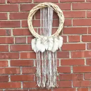 HANDMADE Feather macrame wall hanging ,Wood-Blend Wreath, macrame wall decor