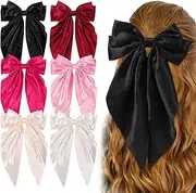 Vellibring 6PCS Big Hair Bows Clips for Woman Long Tail Soft Ribbon Silky Satin Bows Barrettes Hair Clips for Woman Hair Accessories (6 Color)