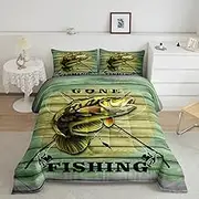 Feelyou Big Pike Fish Comforter Set Hunting and Fishing Pattern Bedding Set for Kids Boys Children Green Vintage Wooden Print Comforter Soft Decor Underwater Animals Theme Quilt Set Full Size