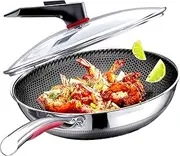 MEGOO Kitchenware cookwear Non Stick Wok Pan with Lid,(PFA,PFOA Free),Frying Wok Pan Suitable for Induction,Gas Cooktops,Ceramic and Electric Stove (Stainless Steel, 12.6 Inch)