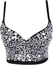 [Tadill] Colorful Rhinestones Corset Top Shiny Crop Top Bra for Nightclub Belly Dancing, 34B Black