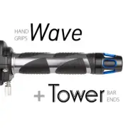 KiWAV Motorcycle Wave Grips Dark Gray with Tower Bar Ends Blue/Black