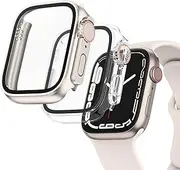 2 Pack Tempered Glass Apple Watch Screen Protector 45mm Case for Apple Watch Series 9 8 7 Case, Ultra Style Hard PC Full Coverage Cover HD Clear Shockproof Bumper Cover