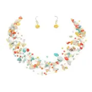 TIGERSTARS MULTI COLOR PEBBLE BEADS TRANSPARENT THREAD LAYERED STRAND NECKLACE