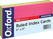 Oxford Ruled Index Cards, 3" x 5", Assorted Glow Colors, 300/Pack (81300EE)
