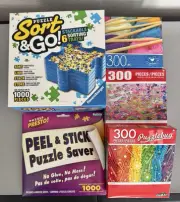 NIB Puzzle Bundle-Sort & Go Stackable Trays, Peel & Stick Saver, 3 Boxed Puzzles