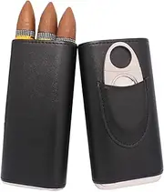 [AMANCY] Elegant Leather Cedar Wood Lined 3 Cigar Case with Silver Stainless Steel Cutter Set