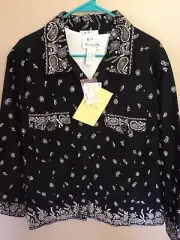 QUAKER FACTORY Women Black Cotton Denim Jacket Rhinestones Beads Size XL Set New