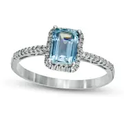 Emerald-Cut Aquamarine and 0.17 CT. T.W. Natural Diamond Frame Ring in Solid 14K White Gold