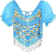 [TouKingda] Women's Belly Dance Top, Puff Sleeve Chiffon Sequin Dance Crop Top Shirts, Glitter Coins Tassels Blouse for Festival Clubbing Wear, Self-tie Back Tribal Crop Top for Belly Dance Performance Outfit