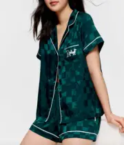 NEW PETER ALEXANDER GREEN CHECK POLY SATIN TOP + SHORTS PJ SET LARGE RRP$129