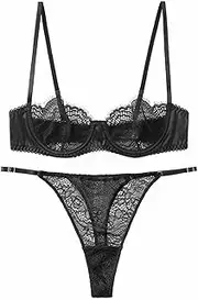 [Generic] Womens Lace Camisole Set Women Sexy Lace Half Cup Ultra Thin Bra Set T Pants Sexy Underwear Bra Summer Light and Thin Lace Underwear Set Lace Garter Belt Lingerie Set