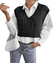 [Generic] Trendy Women's Sweater Vest - Cable Knit Pattern with V-Neck and Button Detail