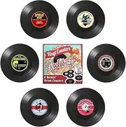 Miss Rui Retro CD Vinyl Record Coasters Set of 6, Personalised Heat Insulation Non-Slip Tabletop Protection Cup Mat for Coffee Tea Beer Mug Drink Tableware Home and Bar
