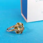 Vtg '74 Avon SUN BRILLIANTS RING Peridot Green Flower Gold Tone Sz S L w Box NOS