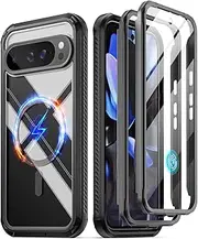 [Poetic] Guardian MagPro Case for Google Pixel 9 Pro XL 5G, [Compatible with MagSafe & Fingerprint ID], [2 Front Frame] Full-Body Shockproof Clear Cover with Built-in Screen Protector, Black/Clear