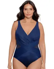 [Miraclesuit Swim] Illusionists Crossover Draped Shaping Swimsuit Plus in Midnight