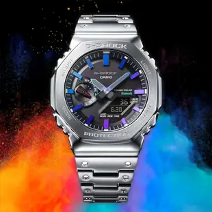 CASIO 卡西歐 G-SHOCK 八角農家橡樹全金屬彩虹光譜太陽能藍芽雙顯手錶-百搭銀 GM-B2100PC-1A