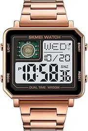 [Gosasa] Men's Square Large Face Stainless Steel Digital Sports Watch, LED Analog Quartz Wrist Watch with Multi-Time Zone Waterproof Stopwatch