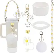 7Pcs Tumbler Cup Accessories Set,Stanley Cup Accessory Set,Compatible with Stanley Cup 40oz & 30oz Tumbler,Including Water Bottle Handle Strap, Silicone Stanley Cup Boots, Silicone Straw Cap (White)
