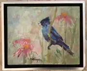 Original Framed Impressionism Oil Art Bird Blue Jay 10”x8” Signed