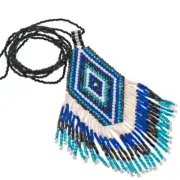 Handmade Sparkling White Peacock Blue Glass Beads Tassel Necklace, 32"